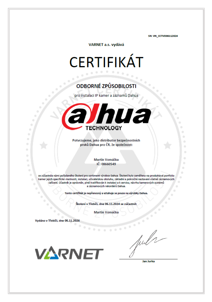 certifikát Dahua